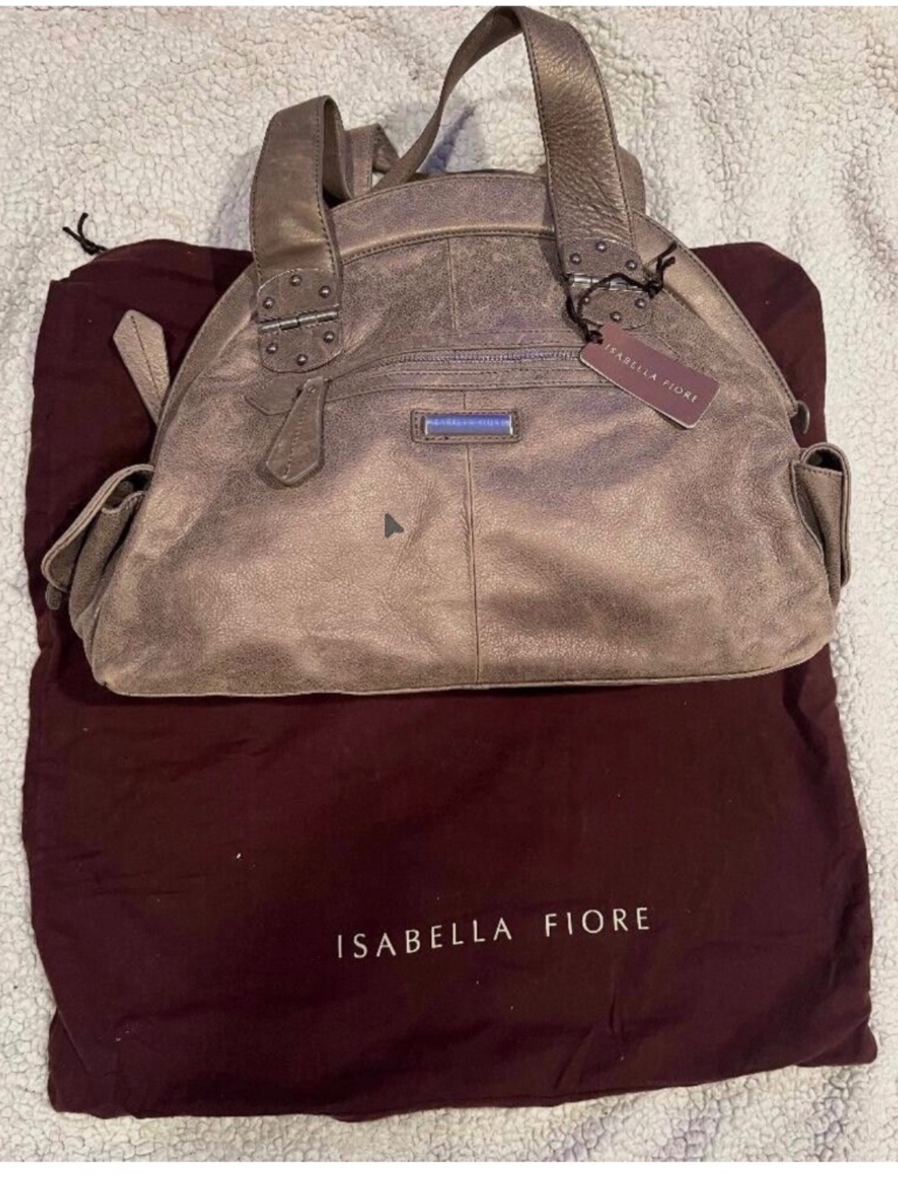NEW WITH TAGS ISABELLA FIORE HANDBAG PURSE SATCHEL PEWTER DUST JACKET $695